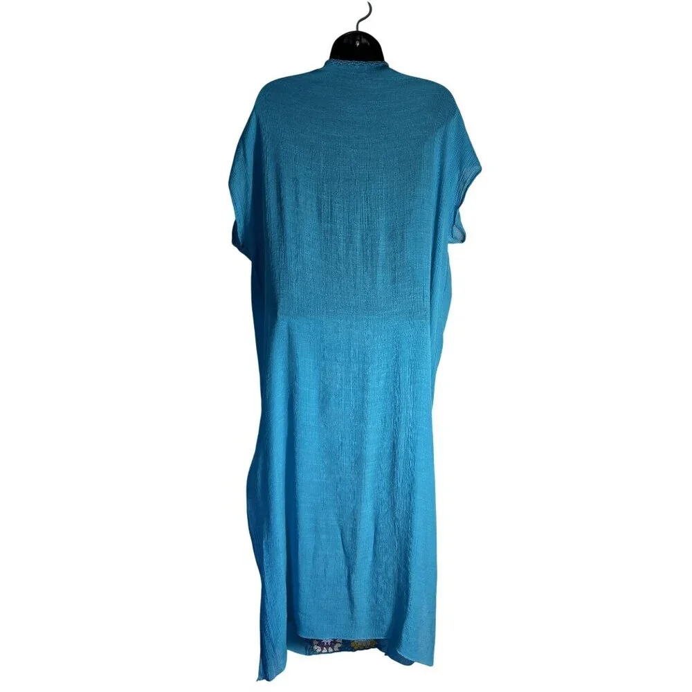 Crochet-Accented Teal Blue Kaftan Dress & White Beaded Bamboo Handbag Set - Picture 10 of 12